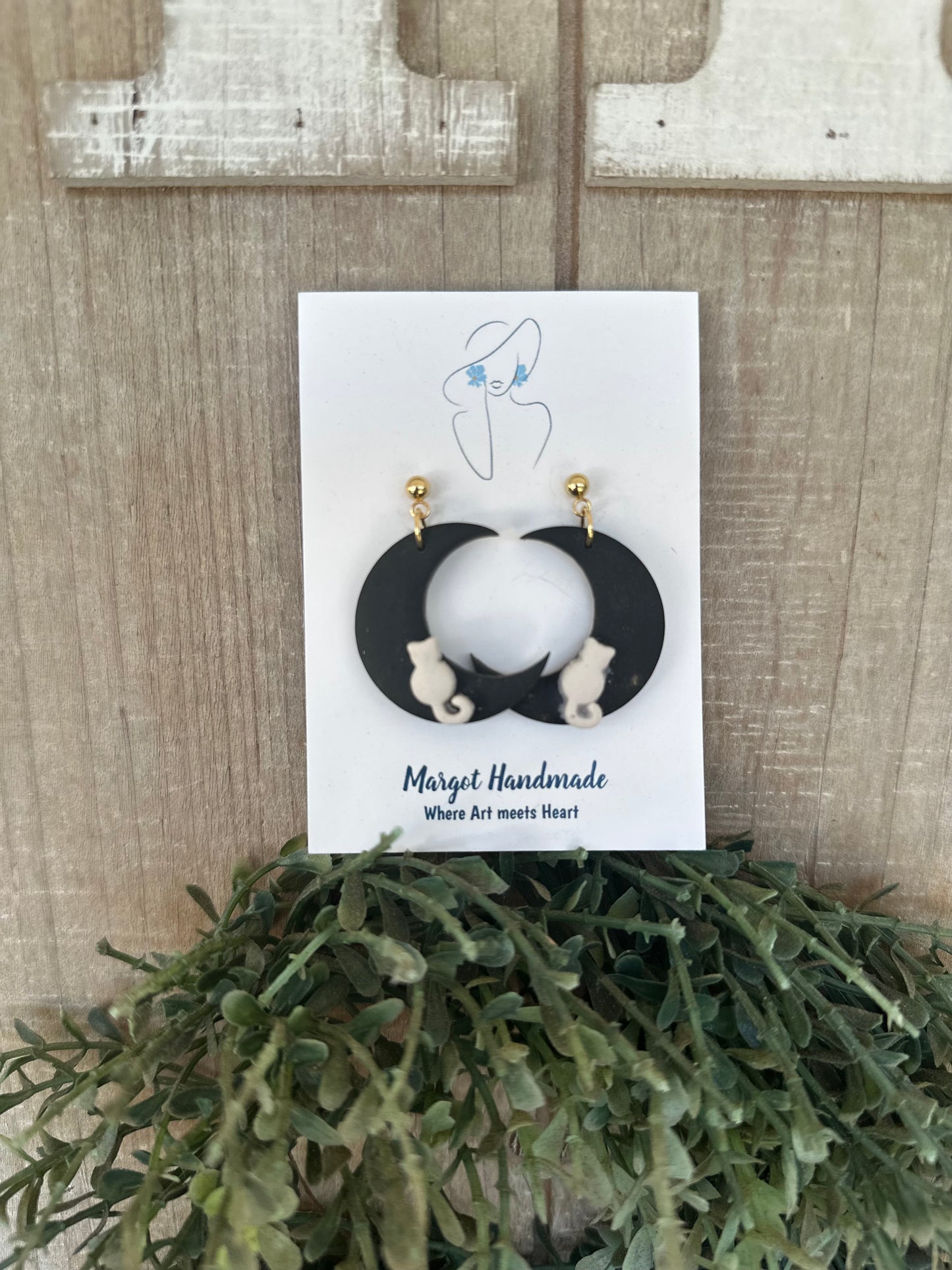 Cat on the Moon Dangle Earrings