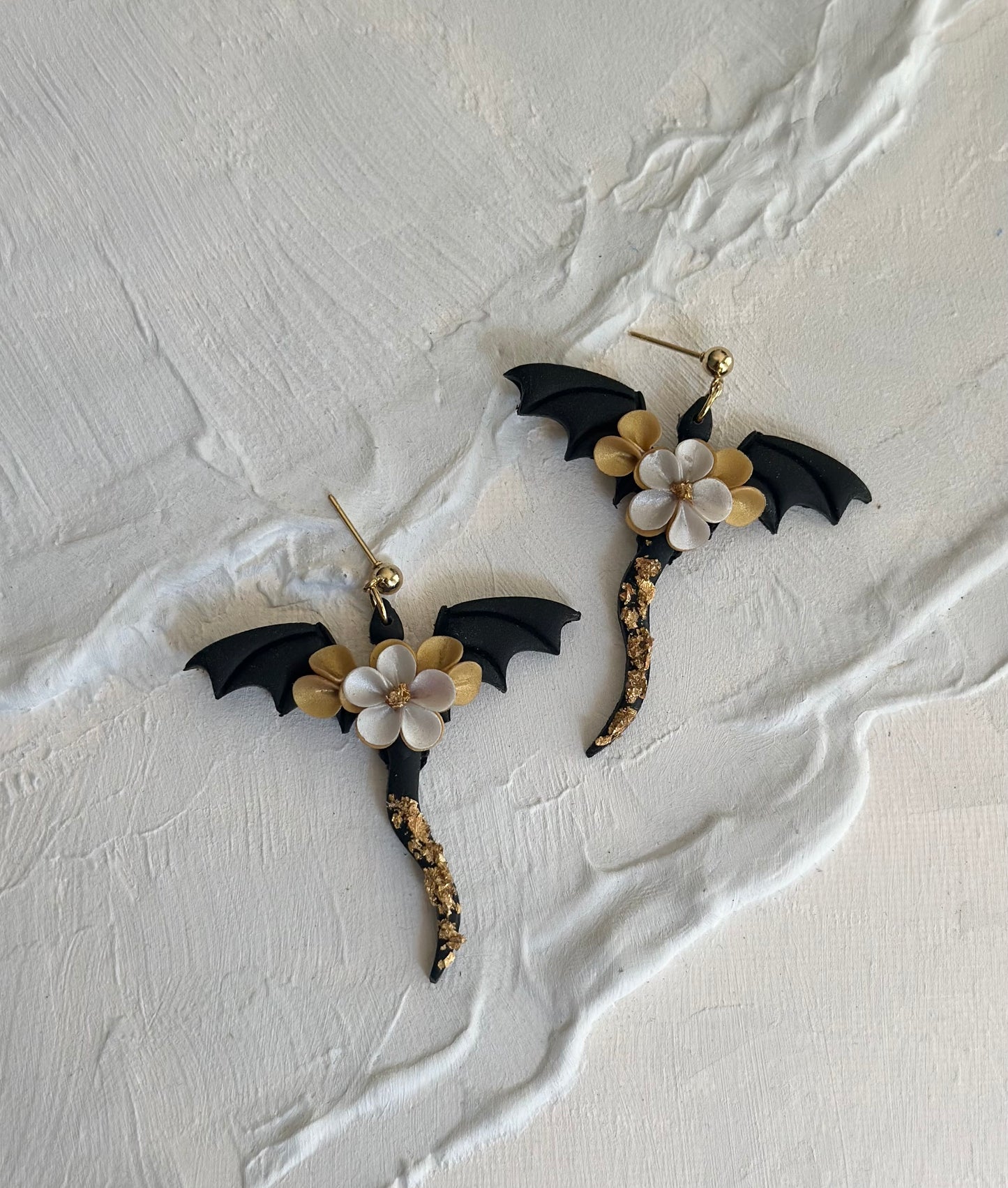 Dragon Earrings with Gold and Pearl Flowers
